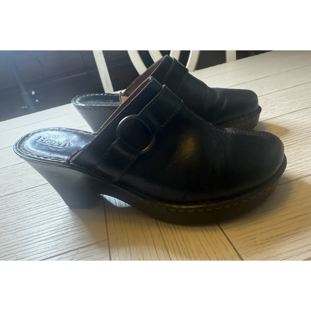 Born Leather Slip On Mules Womens Sz 9 Black Clogs Wedge 3"Heel Shoes W/ Buckle